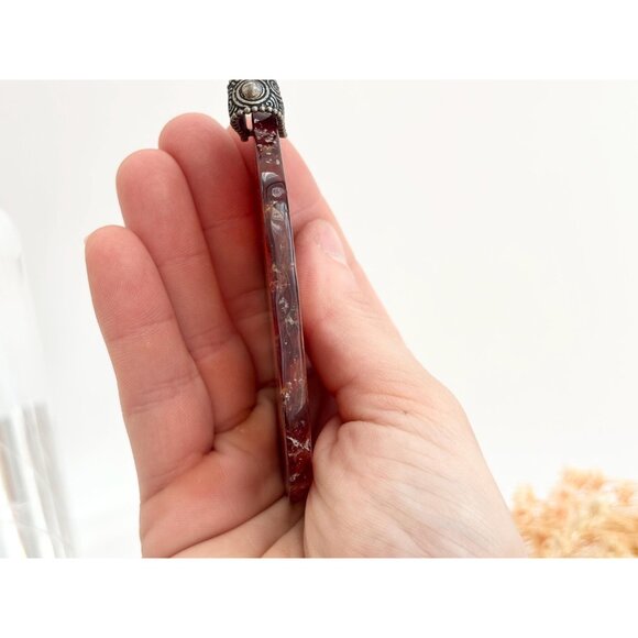 Brown Sliced Agate Stone Freeform Shaped Large Silver Toned Vintage Pendant - Picture 11 of 14